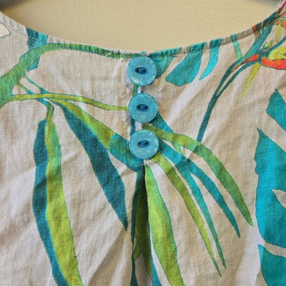 Sharon Young Linen Tropical‎ Floral Print Womens Tunic Button Back L - Picture 6 of 9